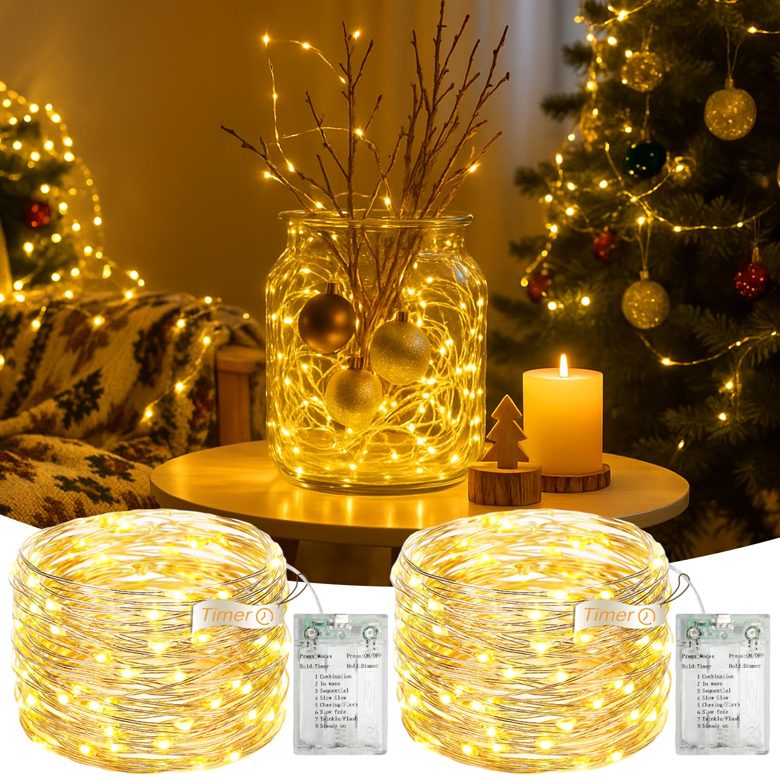 16FT 50 LED Fairy Lights with Timer & 8 Modes 2 Pack Warm White