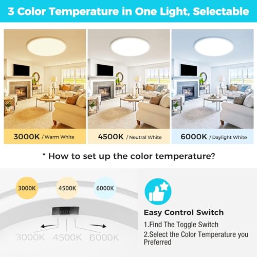 3-color selectable CCT toggle switch for 3000K 4500K 6000K on LED ceiling light