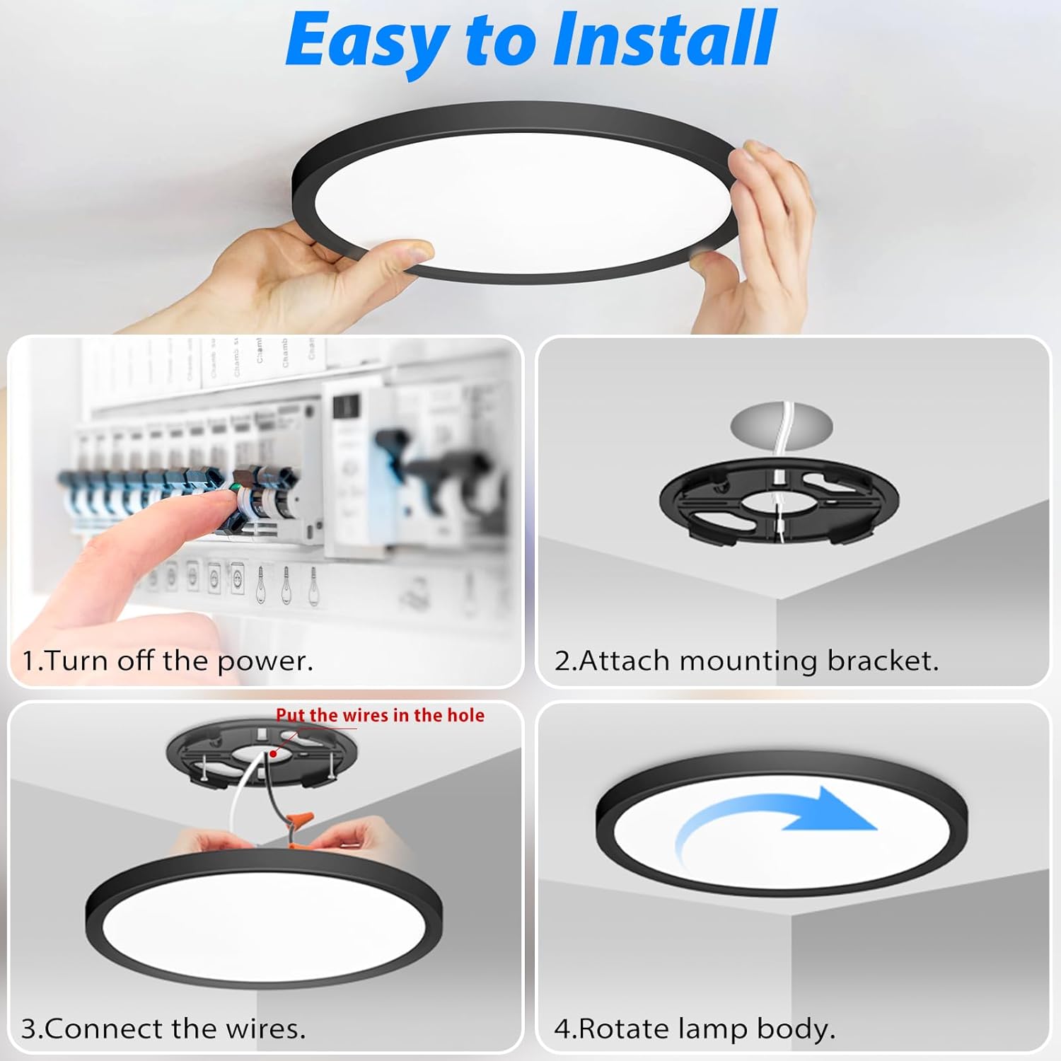 7 inch LED Ceiling Light installation diagram showing step-by-step mounting instructions