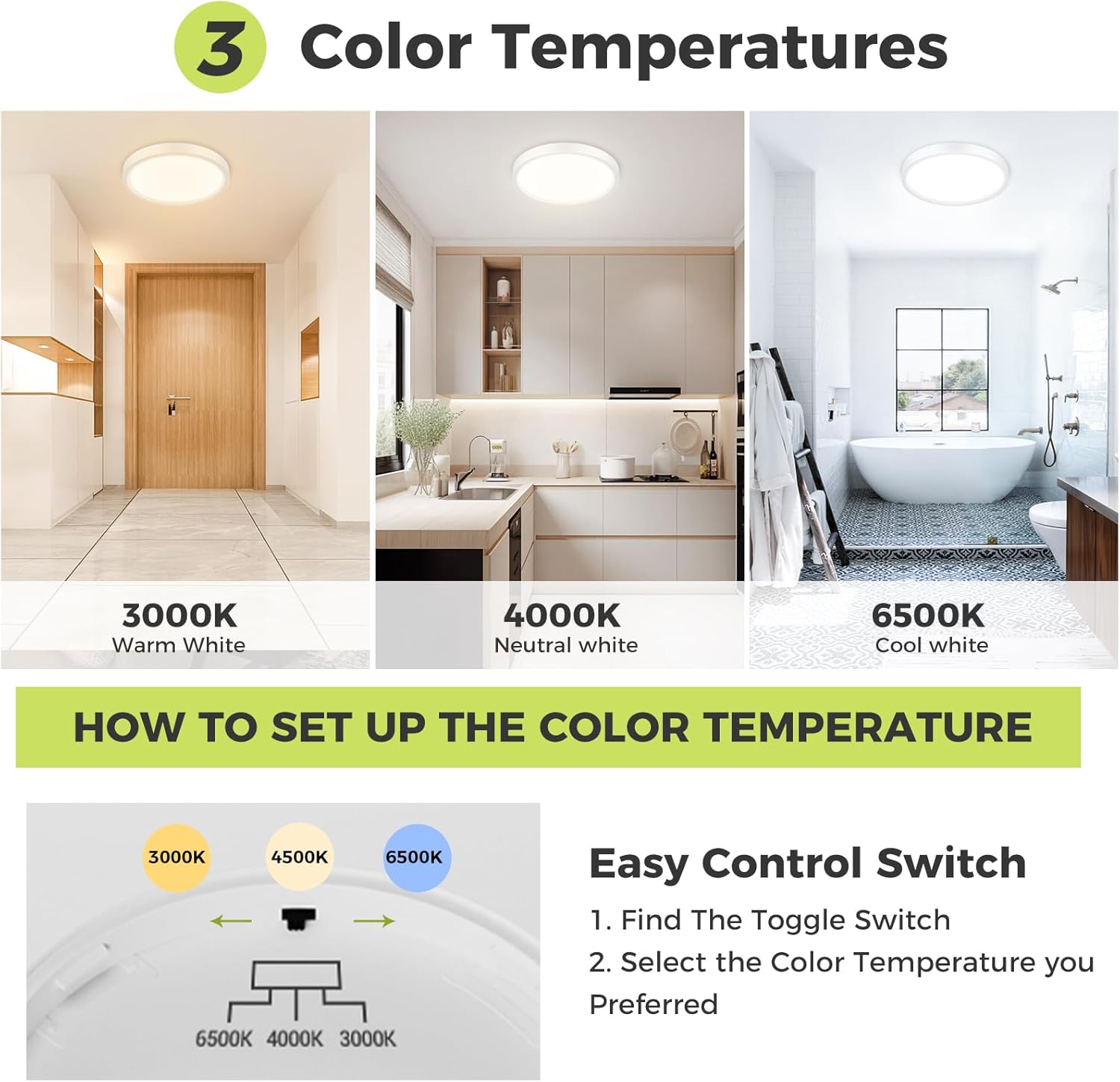 Fastlighting 3 color temperature LED ceiling light with toggle switch