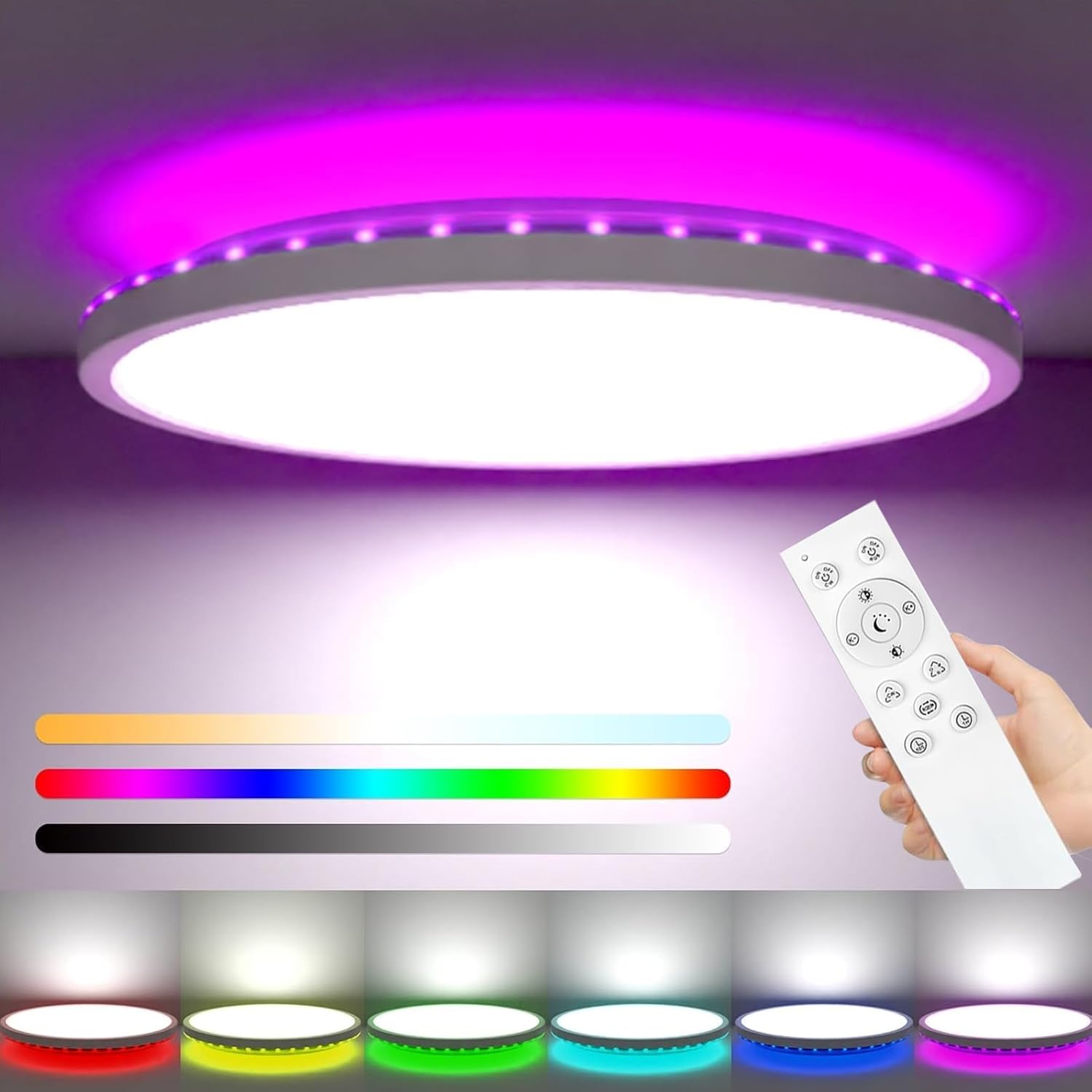 RGB Colour LED Ceiling Light, Dimmable 3000K-6500K,Round, Flat Bathroom Ceiling Lamp