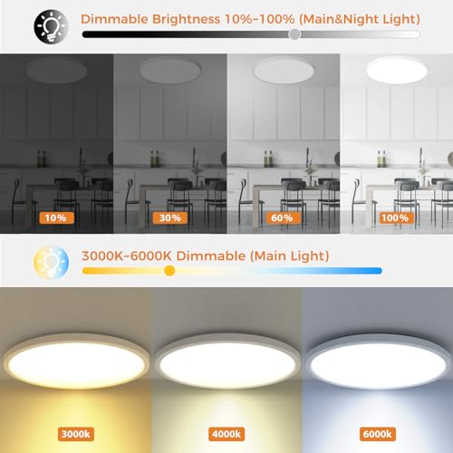LED Deckenleuchte, 36W 4200LM Deckenlampe Flach Dimmbar mit Fernbedienung, 1800K Nachtlicht Warm, 3000K-6500K, Ultra Dünn Schlafzimmer Lampe für Schlafzimme Wohnzimmer Kinderzimmer-Rund Weiss[E #4