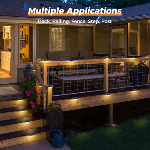 Solar deck lights used in multiple outdoor scenes: garden, patio, and staircase.