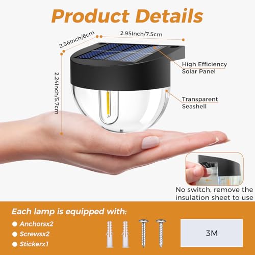 Product details and kit contents: solar light, screws, tape, and manual.