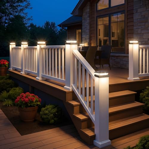 Solar post cap light used as deck lighting in an outdoor setting