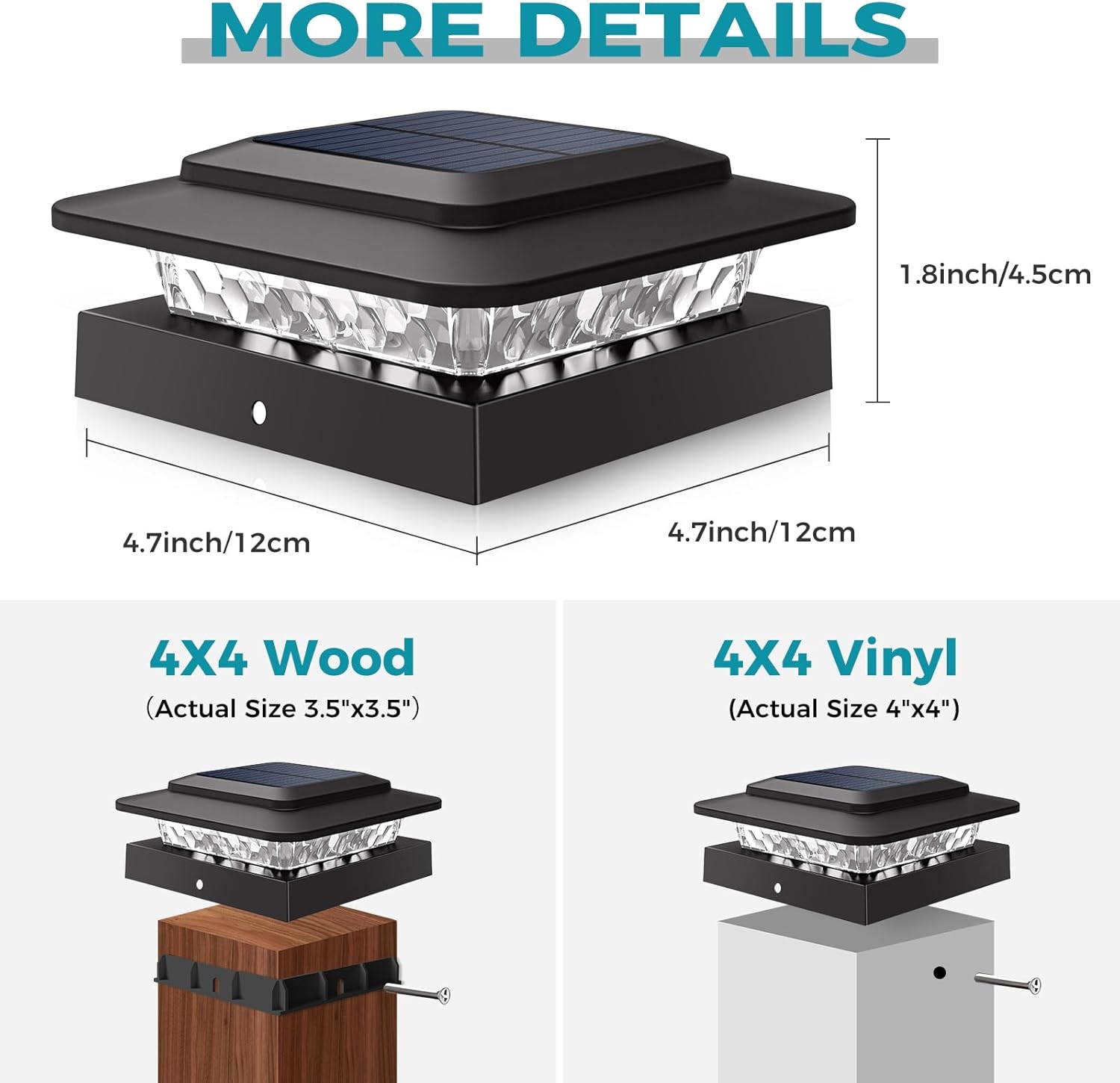 product dimensions and details for solar post cap light