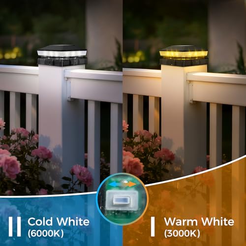 Solar post light showing two color modes warm white and cool white