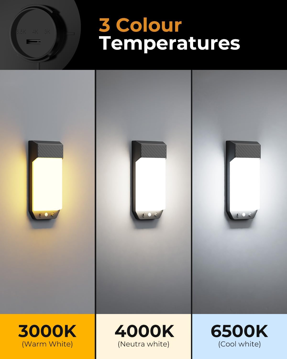 Three color temperatures 3000K warm, 4500K neutral, 6500K cool white