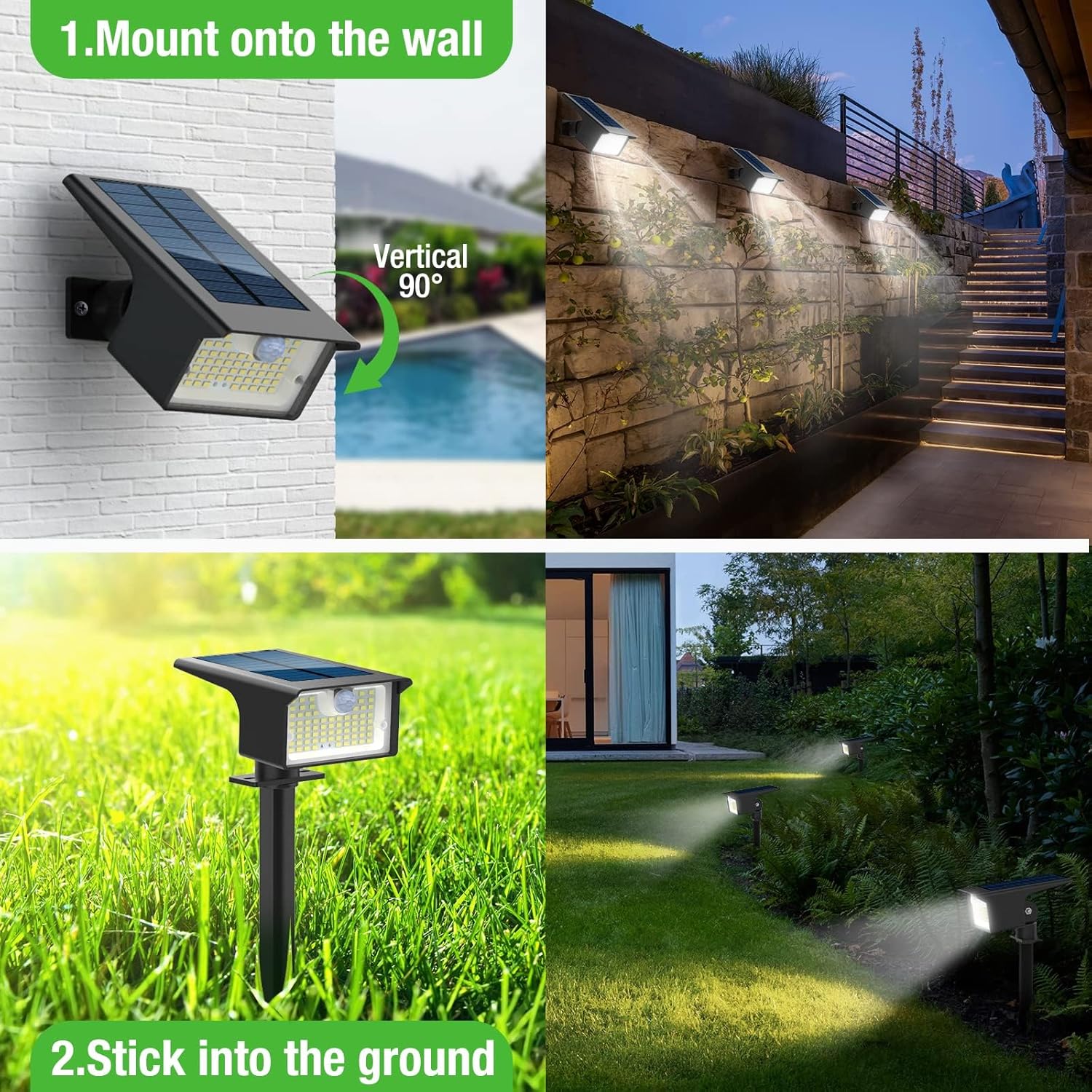 Dual installation options for the solar spotlight: wall mount and ground stake.