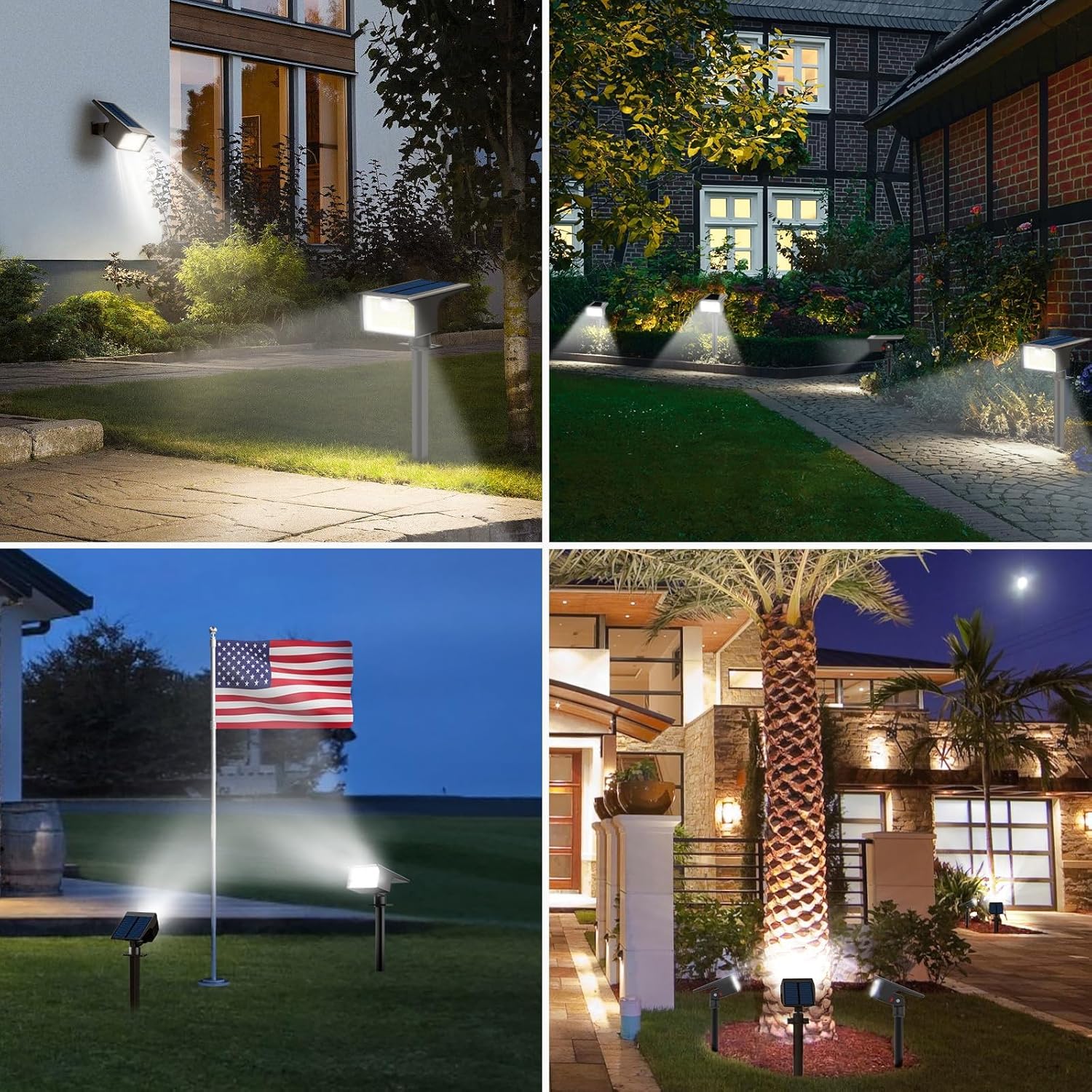 Solar spotlight used in multiple outdoor scenes: garden, pathway, and driveway illumination.