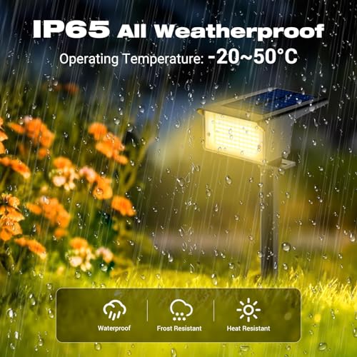 IP65 weatherproof construction of solar spotlight for rain and dust protection.
