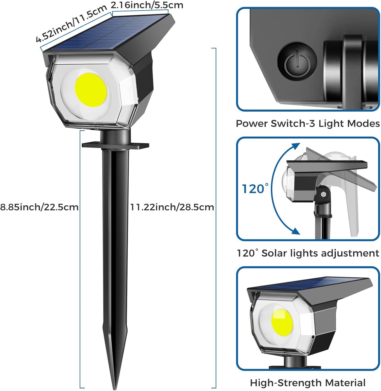 Dimensions and adjustability of solar spot light with swivel head