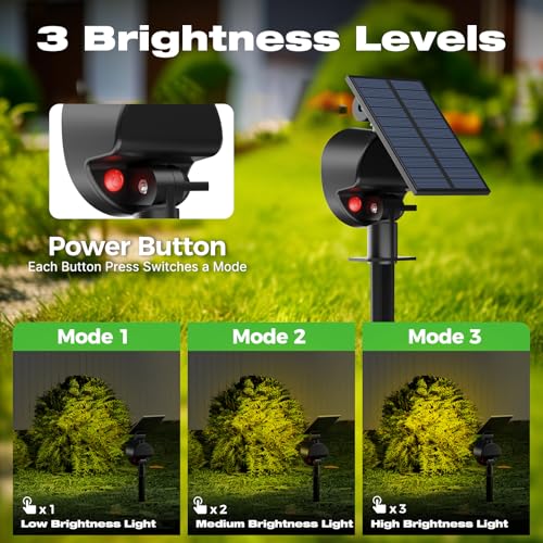 3 brightness levels and lighting modes on 53 LED solar spot light