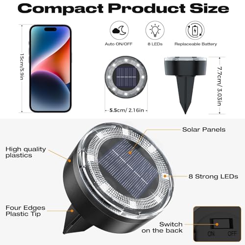 Product specifications diagram for 2.2 inch solar ground lights with dimensions and features.