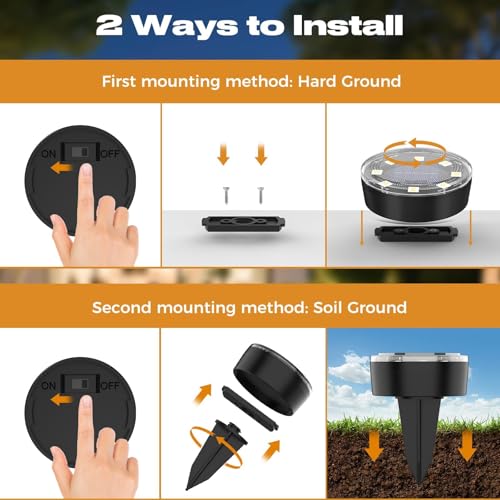 Two installation methods for solar ground lights: recessed into ground and surface mounted.
