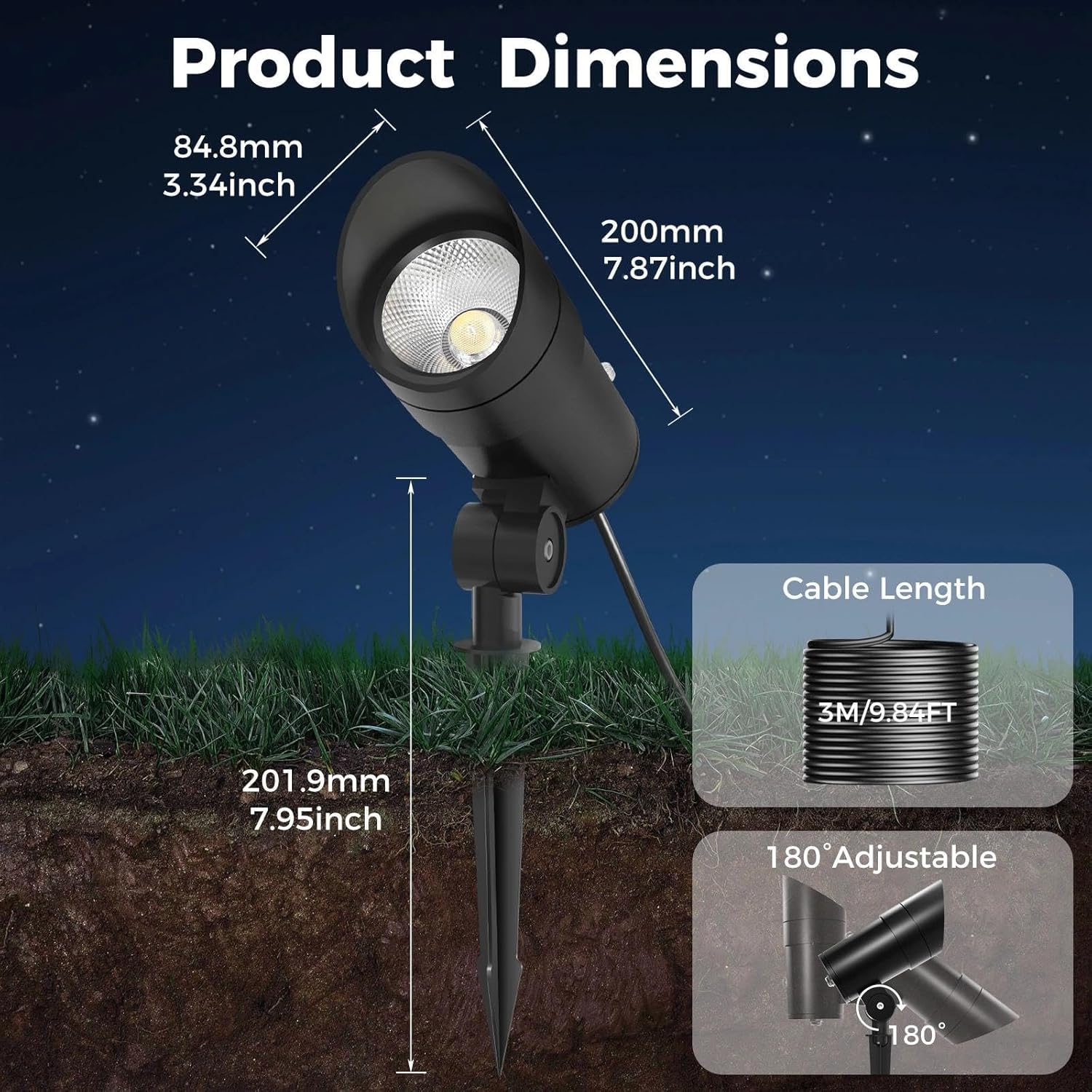 Detailed dimensions diagram of the 30W LED spot light with measurements