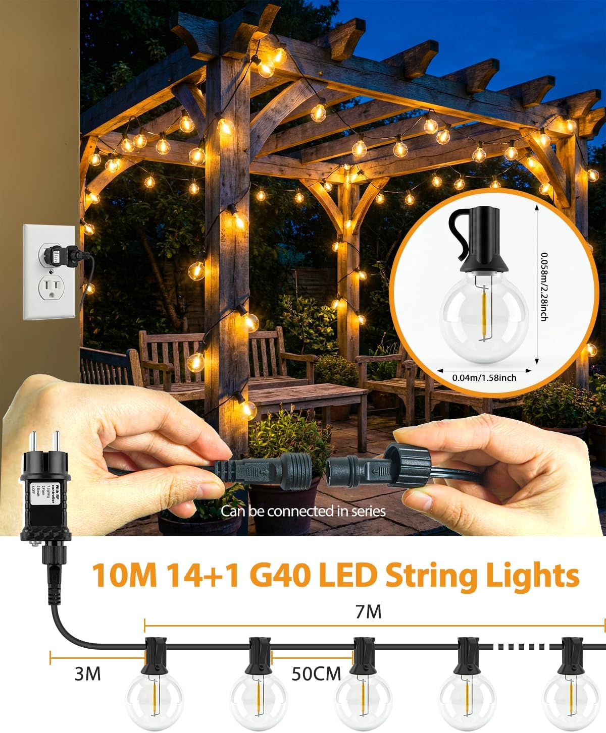10m connectable string lights with end-to-end connection capability