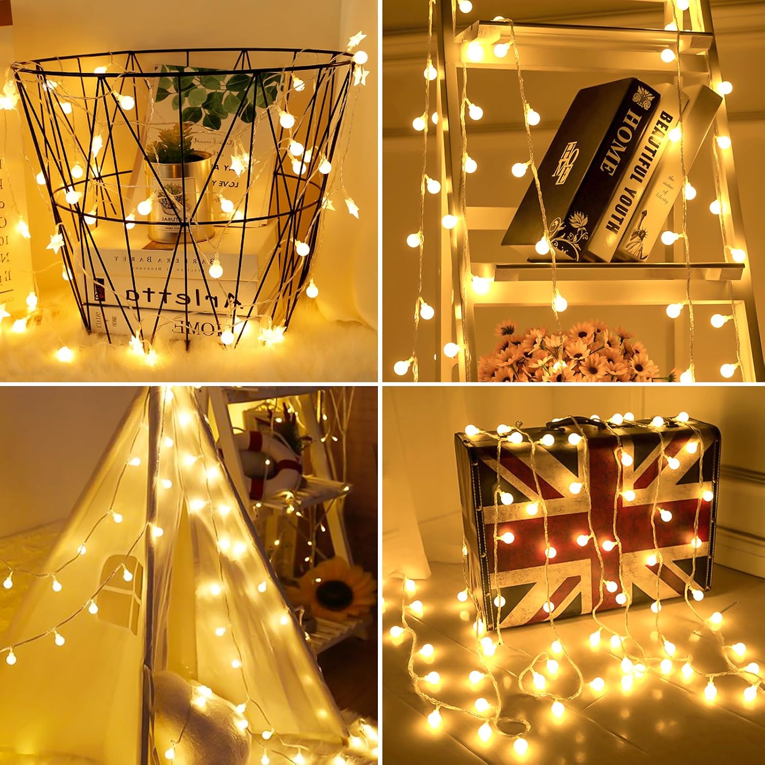 Fastlighting-flexible warm white ball fairy lights for DIY decor, battery string lights for bedroom tent and bookshelf decoration, cozy ambient lighting