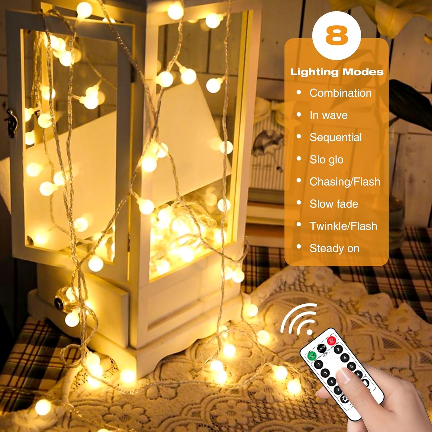 Fastlighting-8 modes battery fairy lights with remote control, warm white LED ball string lights for DIY crafts and lantern decor, adjustable lighting modes