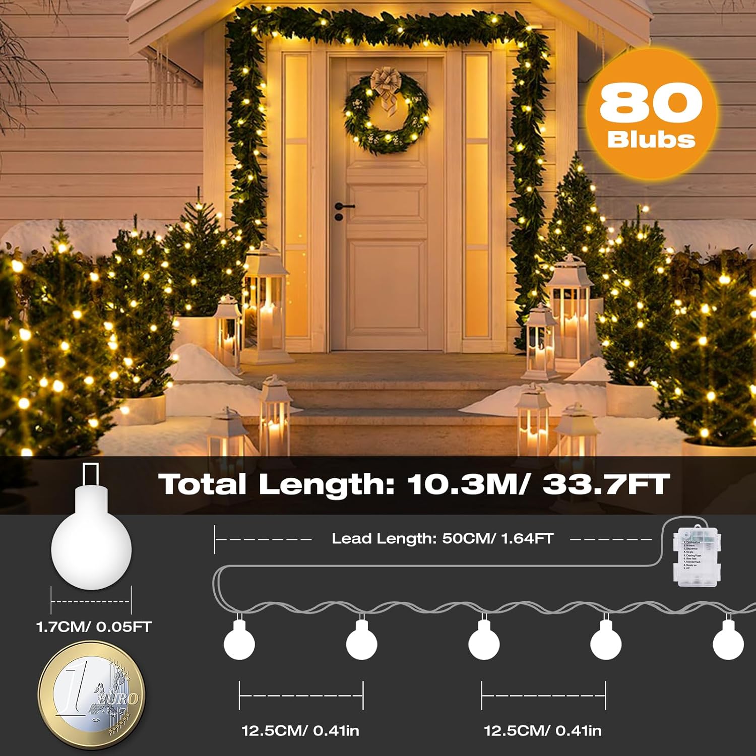 Fastlighting-33.7ft 80 bulbs battery operated string lights, outdoor Christmas fairy lights with 10.3m total length, waterproof ball string lights for holiday decor