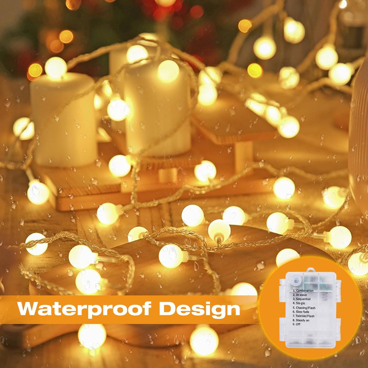 Fastlighting-waterproof battery operated fairy lights for outdoor use, weather-resistant ball string lights with warm white glow, rainproof string lights for patio decor