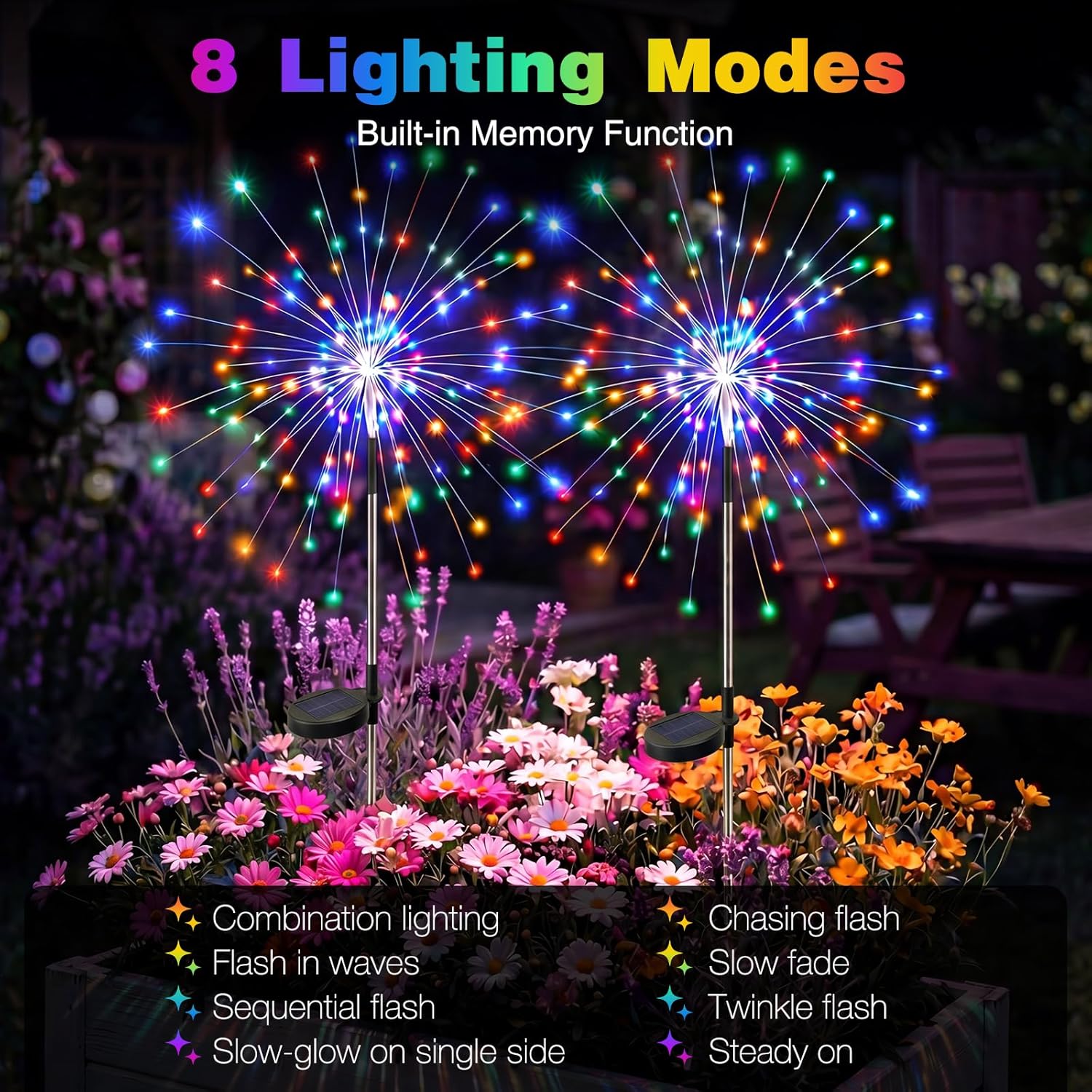 Display of 8 lighting modes for solar firework lights with firework effect