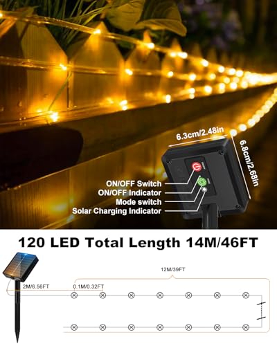 Solar Rope Lights, 120LED 46FT Solar String Lights Outdoor Waterproof, 8 Lighting Modes Solar Powered Strip Tube Light for Outside Garden Tree Christmas Yard Patio Wedding Decor, Warm White #2