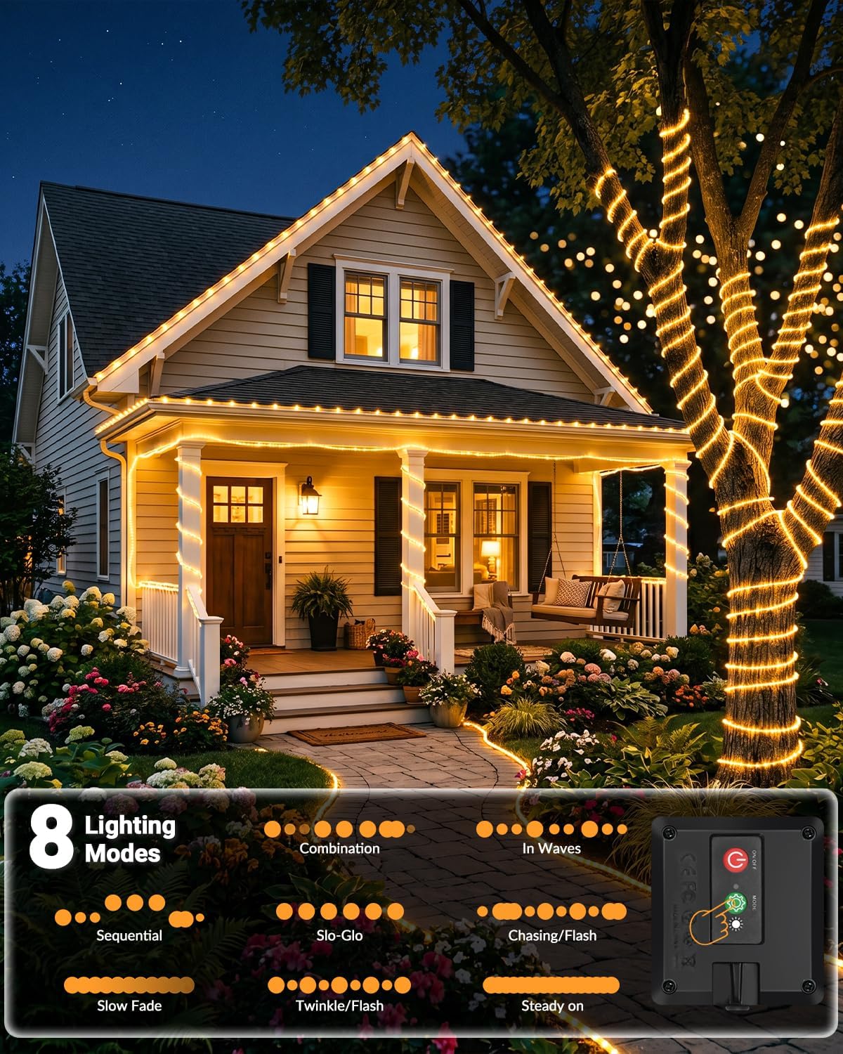 Solar rope lights displaying 8 lighting modes for versatile ambiance