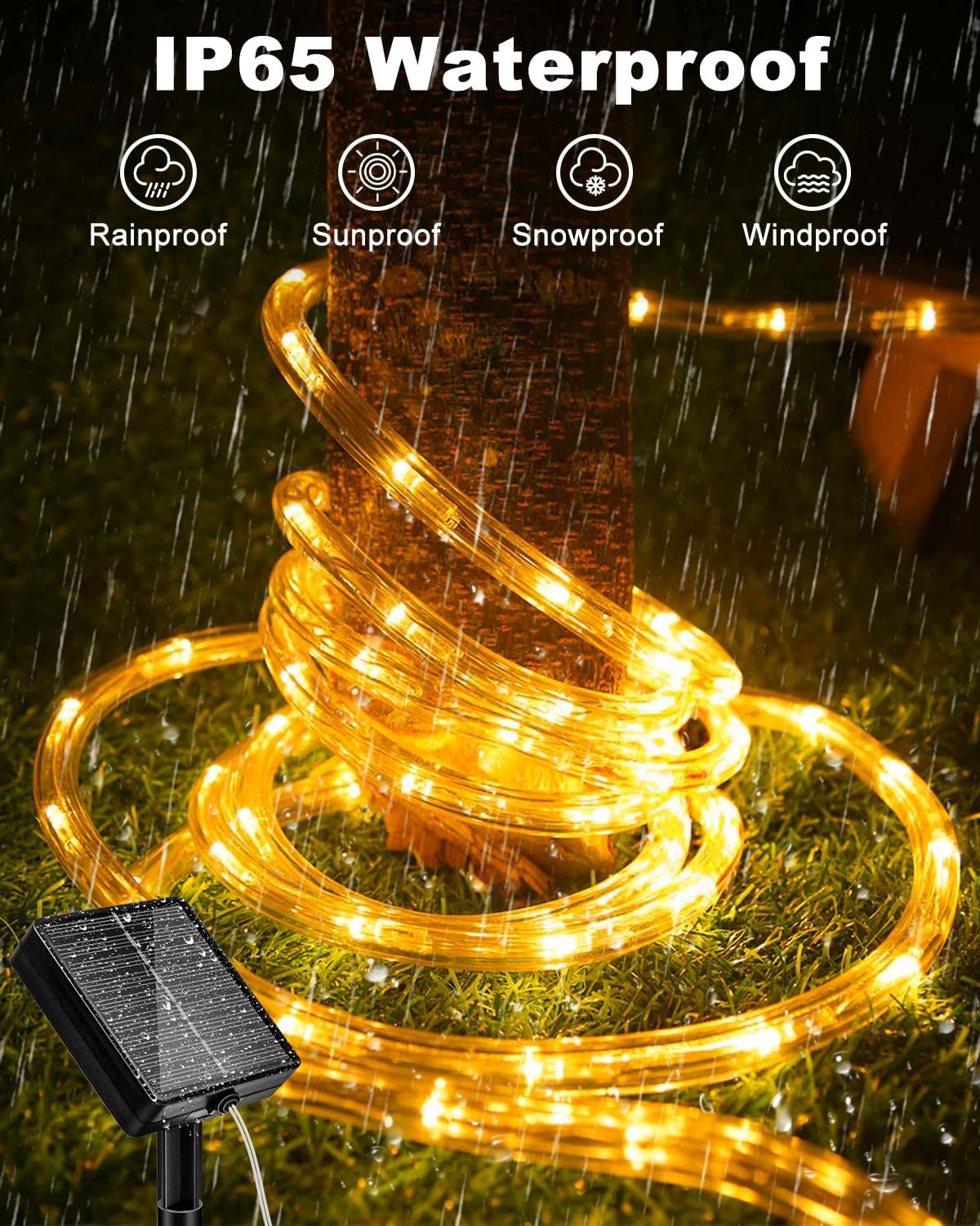 IP68 waterproof rated solar rope lights suitable for outdoor use in all weather