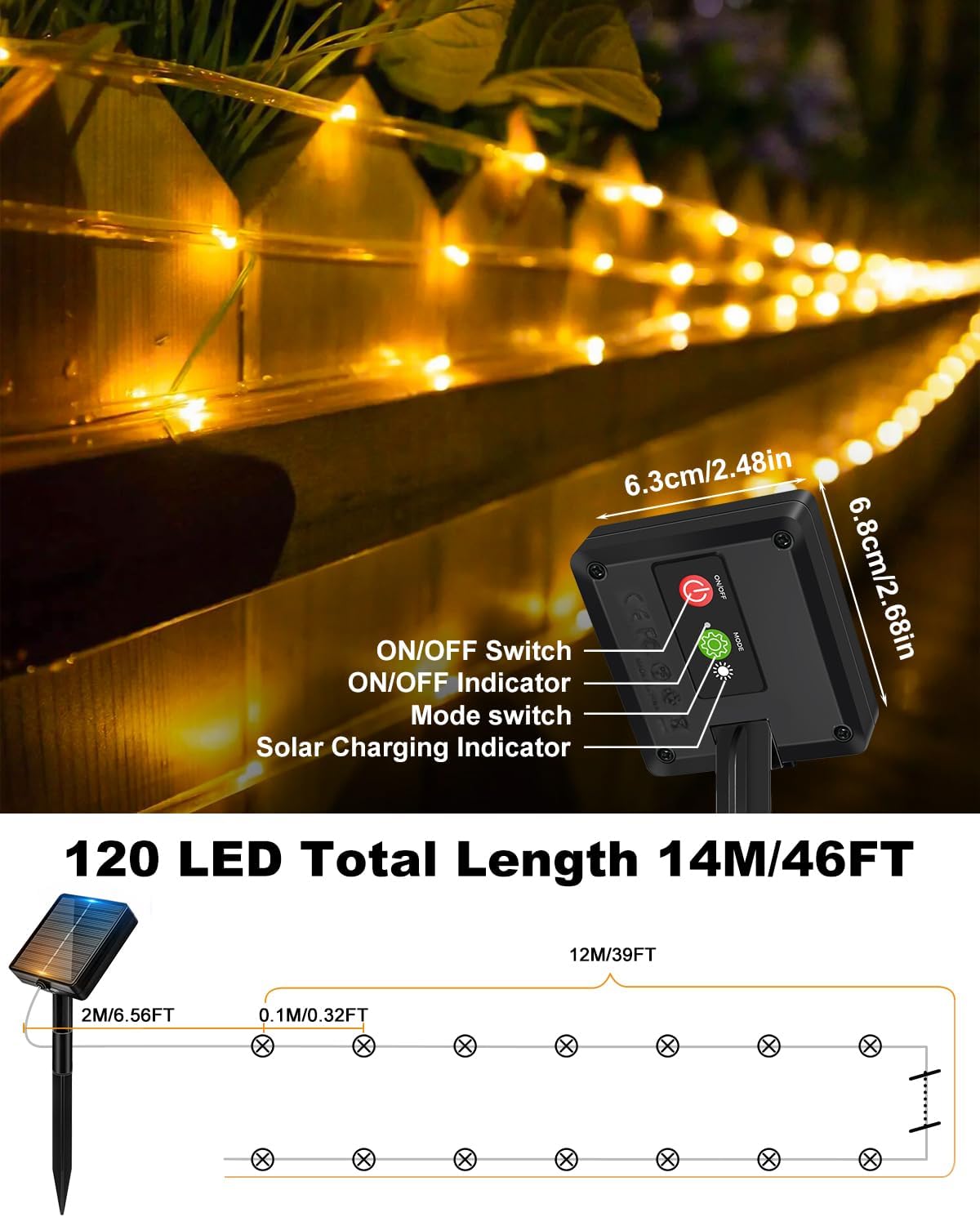 Product specifications showing 120LED, 46FT length, and solar panel details