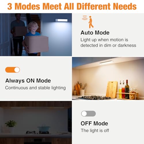 three operating modes: motion sensor, always-on, and off for the under cabinet light