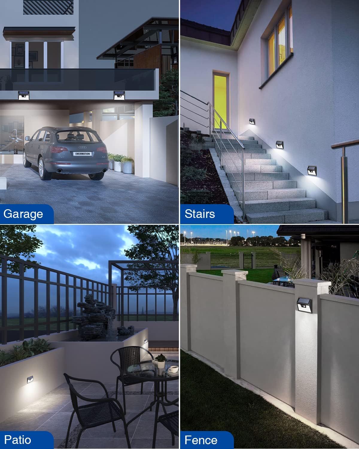 solar security lights installed in multiple outdoor applications like garden and yard