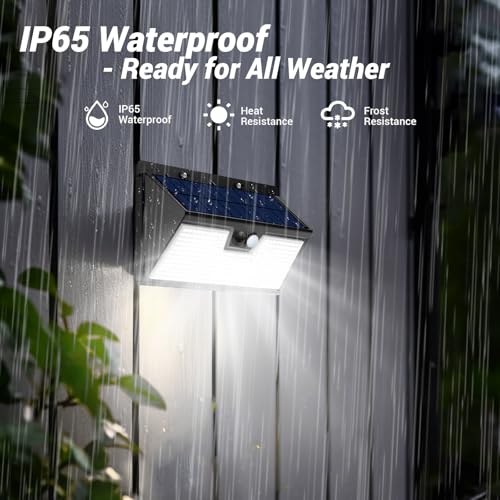 Solar wall light showing IP65 waterproof construction, heat and frost resistant for all weather