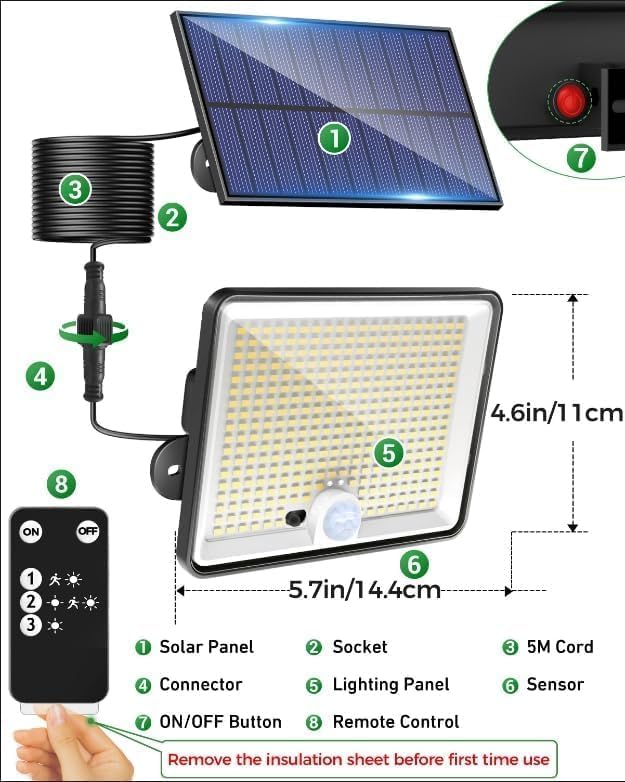 Product structure diagram showing split design of solar panel and lamp body