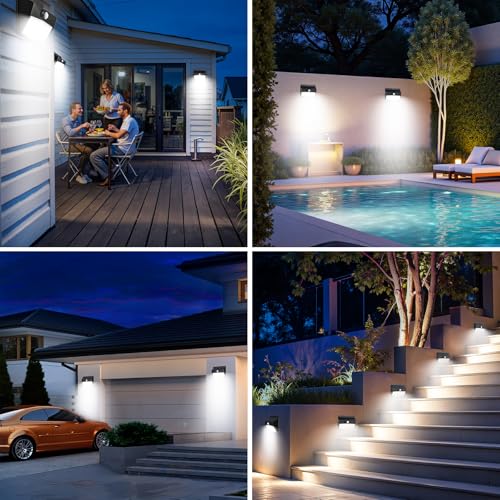 Solar wall light installed in multiple outdoor scenes like garden, patio, and pathway.