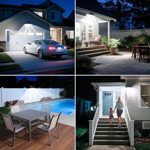 Solar security light used in multiple outdoor scenes like driveway and garden
