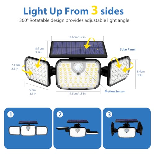 Rotatable light angles of 3-head solar security light for 270° coverage
