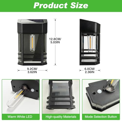 Product size details with dimensions labeled for the solar wall light.