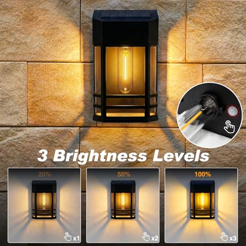 Solar fence light with three brightness levels: 20%, 50%, and 100% settings displayed.