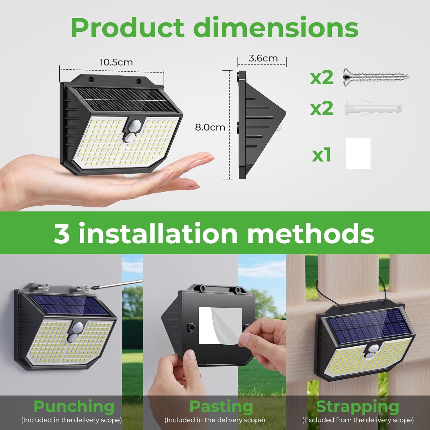 Product dimensions and installation methods diagram for mounting solar light on wall